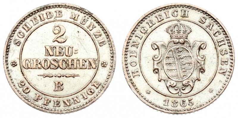 Germany SAXONY 2 Neu-Groschen 1865 B Johann(1854-1873). Averse: Crowned arms wit...