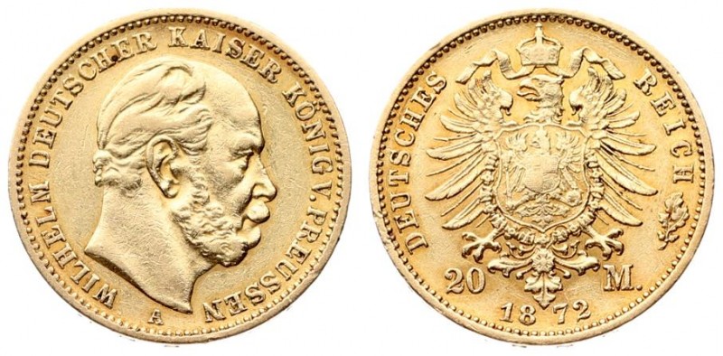 Germany PRUSSIA 20 Mark 1872A Wilhelm I(1861-1888). Averse: Head right. Averse L...