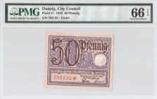 Germany Danzig 50 Pfennig 1919 Banknote Pick#11. №732132 Violet. PMG 66 Gem Uncirculated