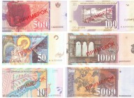 Macedonia 10 & 50 & 100 & 500 & 1000 & 5000 Denari 1996 Specimen Banknote. Lot of 6 Banknotes