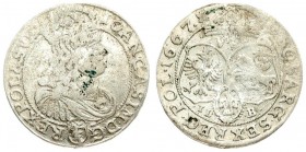 Poland 6 Groszy 1667 TLB John II Casimir Vasa (1649–1668). Averse: Large crowned bust right in linear circle. Reverse: Crown above three shields. Silv...