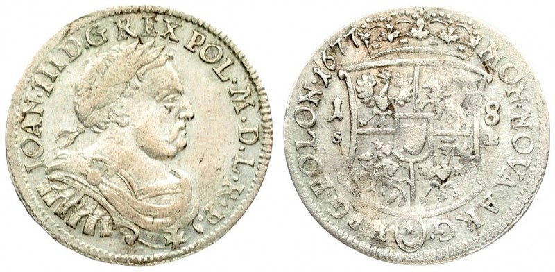 Poland 1 Ort 1677 SB John III Sobieski(1674-1696). Averse: Laureate armored bust...