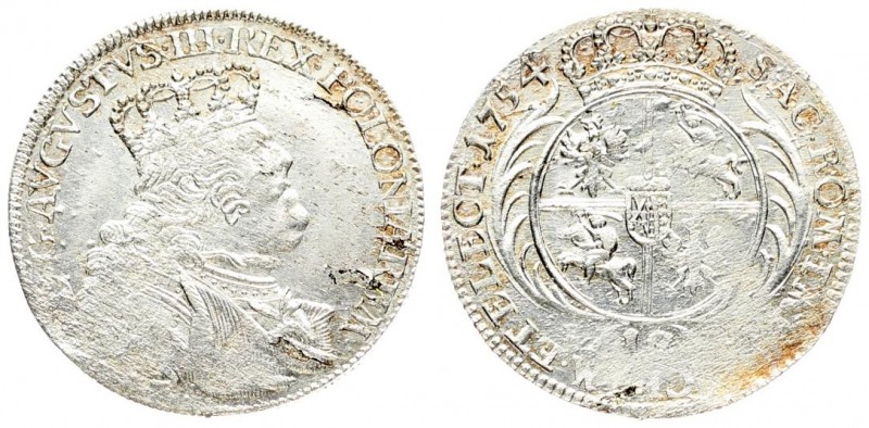 Poland 18 Groszy 1754 EC August III(1733-1763). Averse: Large; crowned bust righ...