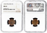 Poland 2 Grosze 1923 Averse: Crowned eagle with wings open. Reverse: Stylized value. Brass. Y 9; Parchimowicz 102a. NGC MS 63