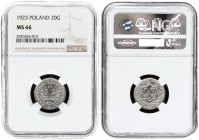 Poland 20 Groszy 1923 Averse: Crowned eagle with wings open. Reverse: Value within wreath. Nickel. Y 12; Parchimowicz 105. NGC MS 66