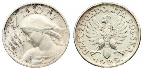 Poland 1 Zloty 1925 (London) Dot after date. Averse: Crowned eagle with wings open. Reverse: Bust left. Edge Description: Reeded. Silver. Y 15; Parchi...