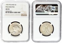 Poland 2 Zlote 1925 (Philadelphia). Averse: Crowned eagle with wings open. Reverse: Head left. Edge Description: Reeded. Silver. Y 16; Parchimowicz 10...
