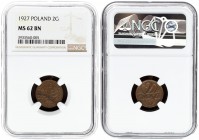 Poland 2 Grosze 1927(w) Averse: Crowned eagle with wings open. Reverse: Stylized value. Bronze. Y 9a; Parchimowicz 102c. NGC MS 62 BN