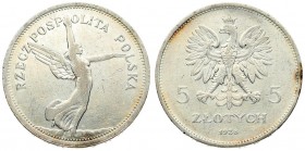Poland 5 Zlotych 1928 (b) Averse: Crowned eagle with wings open. Reverse: Winged Victory right. Edge Lettering: SALUS REIPUBLICAE SUPREMA LEX. Silver....