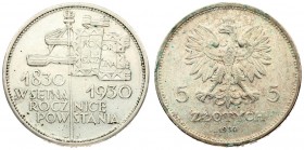 Poland 5 Zlotych 1930 (w) Centennial of 1830 Revolution. Averse: Crowned eagle with wings open flanked by value. Reverse: Pole with flag and banner di...
