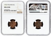 Poland 2 Grosze 1932(w) Averse: Crowned eagle with wings open. Reverse: Stylized value. Bronze. Y 9a; Parchimowicz 102g. NGC MS 63 BN