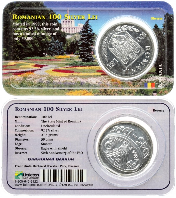 Romania 100 Lei 1995 50 Years - FAO. Averse: Shield flanked by sprigs and diamon...