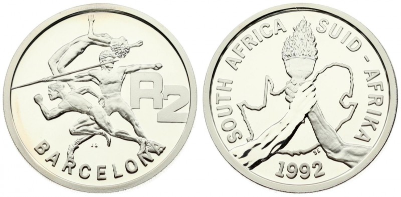 South Africa 2 Rand 1992 Barcelona Olympics. Averse: Arms holding torch with out...