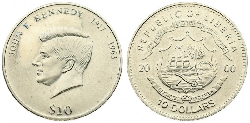 Liberia 10 Dollars 2000 John F Kennedy. Averse: Coat of arms of Liberia divides ...