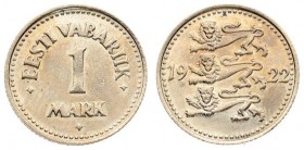 Estonia 1 Mark 1922 Averse: Three leopards left divide date. Reverse: Denomination. Edge Description: Milled. Copper-Nickel. KM 1