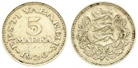 Estonia 5 Marka 1926 Averse: National arms within wreath. Reverse: Denomination above date. Nickel-Bronze. KM 7