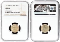 Estonia 10 Senti 1931 Averse: National arms divide date. Reverse: Denomination. Edge Description: Plain. Nickel-Bronze. KM 12. NGC MS 64