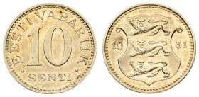 Estonia 10 Senti 1931 Averse: National arms divide date. Reverse: Denomination. Edge Description: Plain. Nickel-Bronze. KM 12