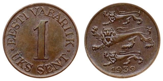 Estonia 1 Sent 1939 Averse: Three leopards left above date. Reverse: Denominatio...