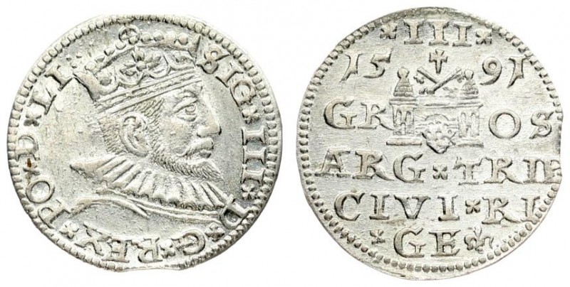 Latvia 3 Groszy 1591 Riga. Sigismund III Vasa (1587-1632). Averse: Crowned bust ...