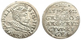 Latvia 3 Groszy 1592 Riga. Sigismund III Vasa (1587-1632). Averse: Crowned bust right. Reverse: Value; divided date; symbols and two-line inscription ...