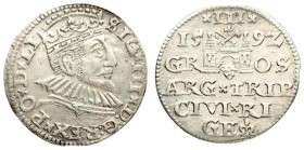 Latvia 3 Groszy 1592 Riga. Sigismund III Vasa (1587-1632). Averse: Crowned bust right. Reverse: Value; divided date; symbols and two-line inscription ...