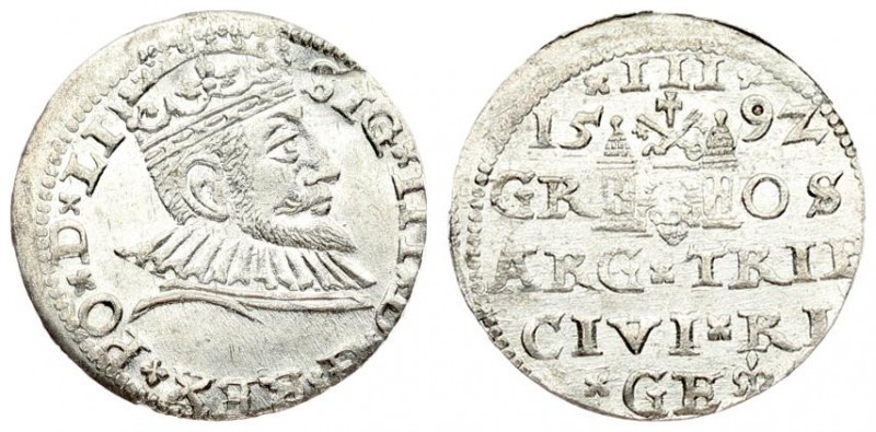 Latvia 3 Groszy 1592 Riga. Sigismund III Vasa (1587-1632). Averse: Crowned bust ...