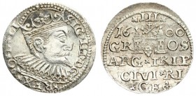 Latvia 3 Groszy 1600 Riga. Sigismund III Vasa (1587-1632). Averse: Crowned bust right. Reverse: Value; divided date; symbols and two-line inscription ...