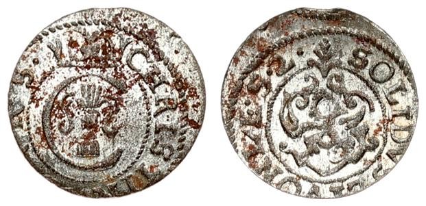 Latvia Livonia 1 Solidus 1652. Christina(1632-1654). Averse: Crowned C with Vasa...