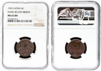 Latvia 5 Santimi 1922 Mint name below ribbon. Averse: National arms above ribbon. Reverse: Value and date. Edge Description: Plain. Bronze. KM 3. NGC ...
