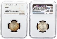 Latvia 1 Lats 1924. Averse: Arms with supporters. Reverse: Value and date within wreath. Edge Description: Milled. Silver. KM 7. NGC MS 64
