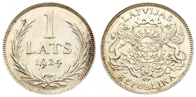 Latvia 1 Lats 1924. Averse: Arms with supporters. Reverse: Value and date within...