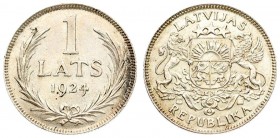 Latvia 1 Lats 1924. Averse: Arms with supporters. Reverse: Value and date within wreath. Edge Description: Milled. Silver. KM 7