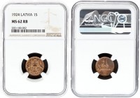 Latvia 1 Santims 1924 Averse: National arms above ribbon. Reverse: Value and date. Edge Description: Plain. Bronze. KM 1. NGC MS 62 RB