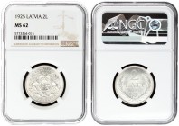 Latvia 2 Lati 1925. Averse: Arms with supporters. Reverse: Value and date within wreath. Edge Description: Milled. Silver. KM 8. NGC MS 62