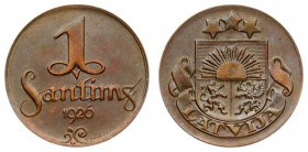 Latvia 1 Santims 1926 Averse: National arms above ribbon. Reverse: Value and date. Edge Description: Plain. Bronze. KM 1
