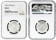 Latvia 2 Lati 1926. Averse: Arms with supporters. Reverse: Value and date within wreath. Edge Description: Milled. Silver. KM 8. NGC MS 62