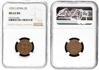 Latvia 2 Santimi 1932 Averse: National arms above ribbon. Reverse: Value and date. Edge Description: Plain. Bronze. KM 2. NGC MS 63 BN Mint Mark on "V...