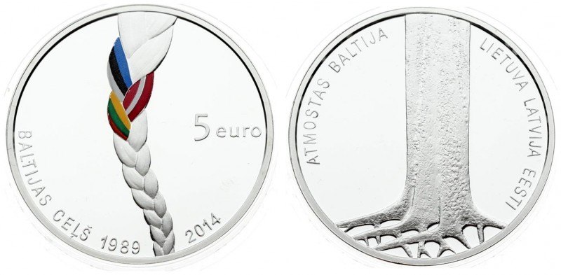 Latvia 5 Euro 2014 Indpendence; 25th Anniversary. Averse: Tree and roots. Revers...