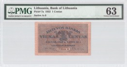 Lithuania 1 Centas 1922 Banknote Pick#7a Series O. PMG 63 Choice Uncirculated