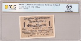 Lithuania MEMEL 1 Mark 1922 Chamber of Commerce; Territory of Memel. Pick # 2; Ros.847. Serial # 339749. PCGS 65 PPQ