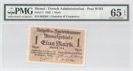Lithuania 1 Mark 1922 Memel French Administration Banknote. S/N 002594. Chamber of Commerce. Pick#2. PMG 65 Gem Uncirculated