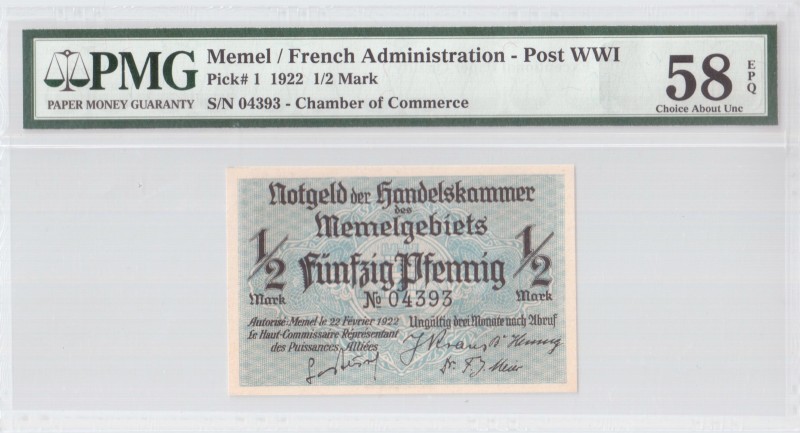 Lithuania 1/2 Mark 1922 Memel French Administration Banknote. S/N 04393. Chamber...