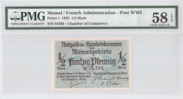Lithuania 1/2 Mark 1922 Memel French Administration Banknote. S/N 04393. Chamber of Commerce. Pick#1. PMG 58 Choice About UNC