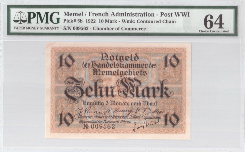 Lithuania 10 Mark 1922 Memel French Administration Banknote. S/N 009562. Chamber...