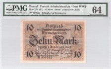 Lithuania 10 Mark 1922 Memel French Administration Banknote. S/N 009562. Chamber of Commerce. Pick#5b. PMG 64 Gem Uncirculated