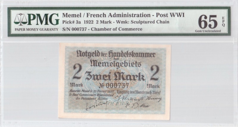 Lithuania 2 Mark 1922 Memel French Administration Banknote. S/N 000737. Chamber ...