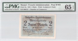 Lithuania 2 Mark 1922 Memel French Administration Banknote. S/N 000737. Chamber of Commerce. Pick#3a. PMG 65 Gem Uncirculated