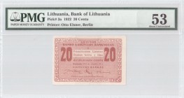 Lithuania 20 Centu 1922 Banknote Bank of Lithuania Pick#3a. PMG 53 About Uncirculated