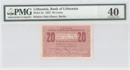Lithuania 20 Centu 1922 Banknote Bank of Lithuania Pick#3a. PMG 40 Extremely Fine